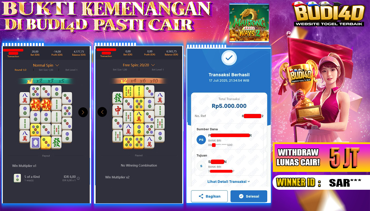 BUDI4D JACKPOT USERID: SAR**** SLOT PGSOFT MAHJONG WAYS 2 Rp.5.000.000,- LUNAS